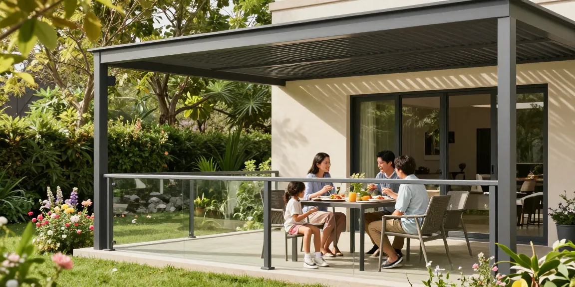 Familie genießt Zeit unter einer stilvollen Terrassenüberdachung im Garten.
