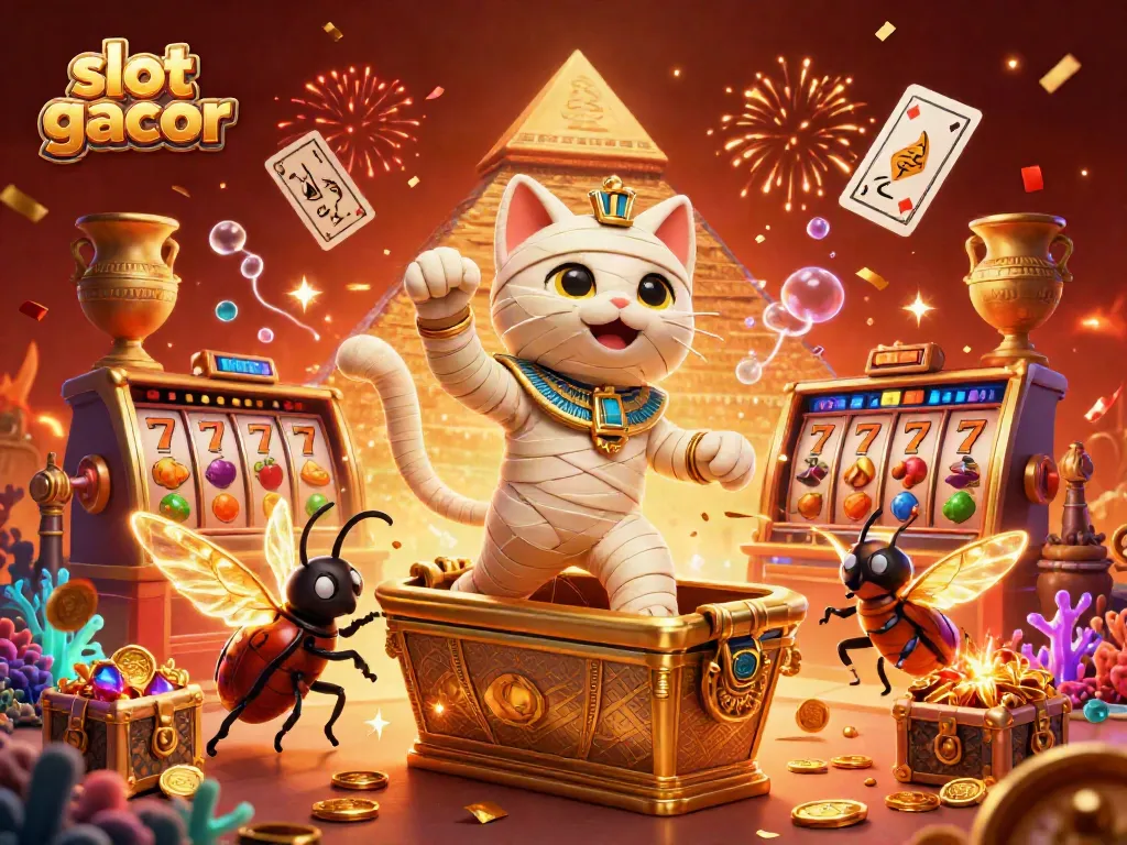 Engage with slot gacor themed 3D illustration featuring a mummy cat in a pyramid casino, showcasing vibrant casino elements.