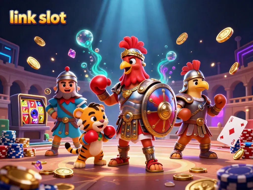 Experience thrilling moments with link slot jackpot games featuring a lively rooster and tiger cub.