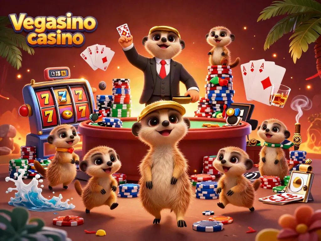 Experience gaming excitement with vegasino casino's colorful meerkat casino scene!