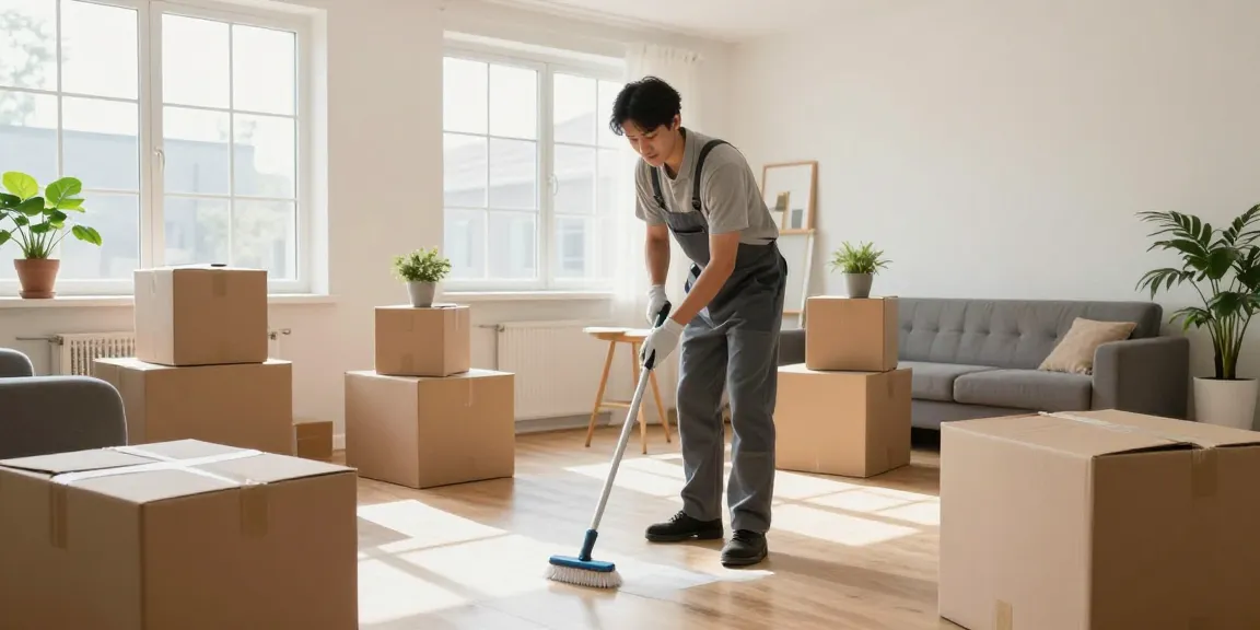 Professional umzugsreinigungen bern being performed in a clean, sunlit apartment with packed boxes.