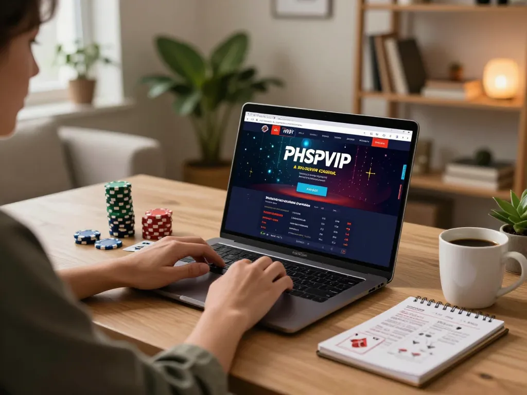 Player engaging with PHPVIP online casino on their laptop, set in a cozy, modern home study.