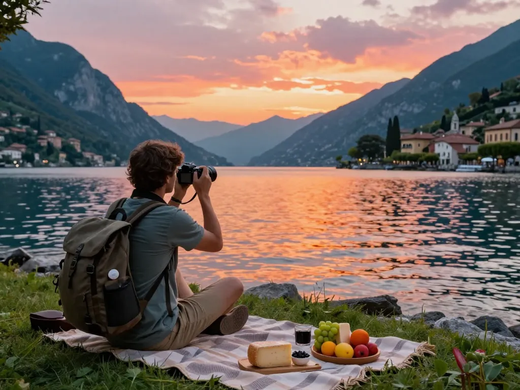Reisetipps Gardasee: Reisender genießt die malerische Schönheit des Gardasees während des Sonnenuntergangs und fängt unvergessliche Momente mit lokalen Köstlichkeiten in der Nähe ein.