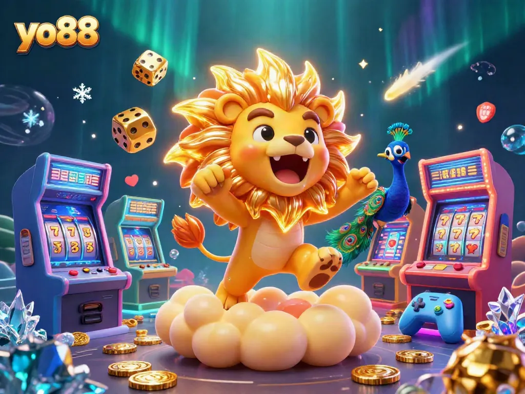 Engage in casino excitement with yo88's vibrant gaming arcade featuring lucky dice and roaring lion.