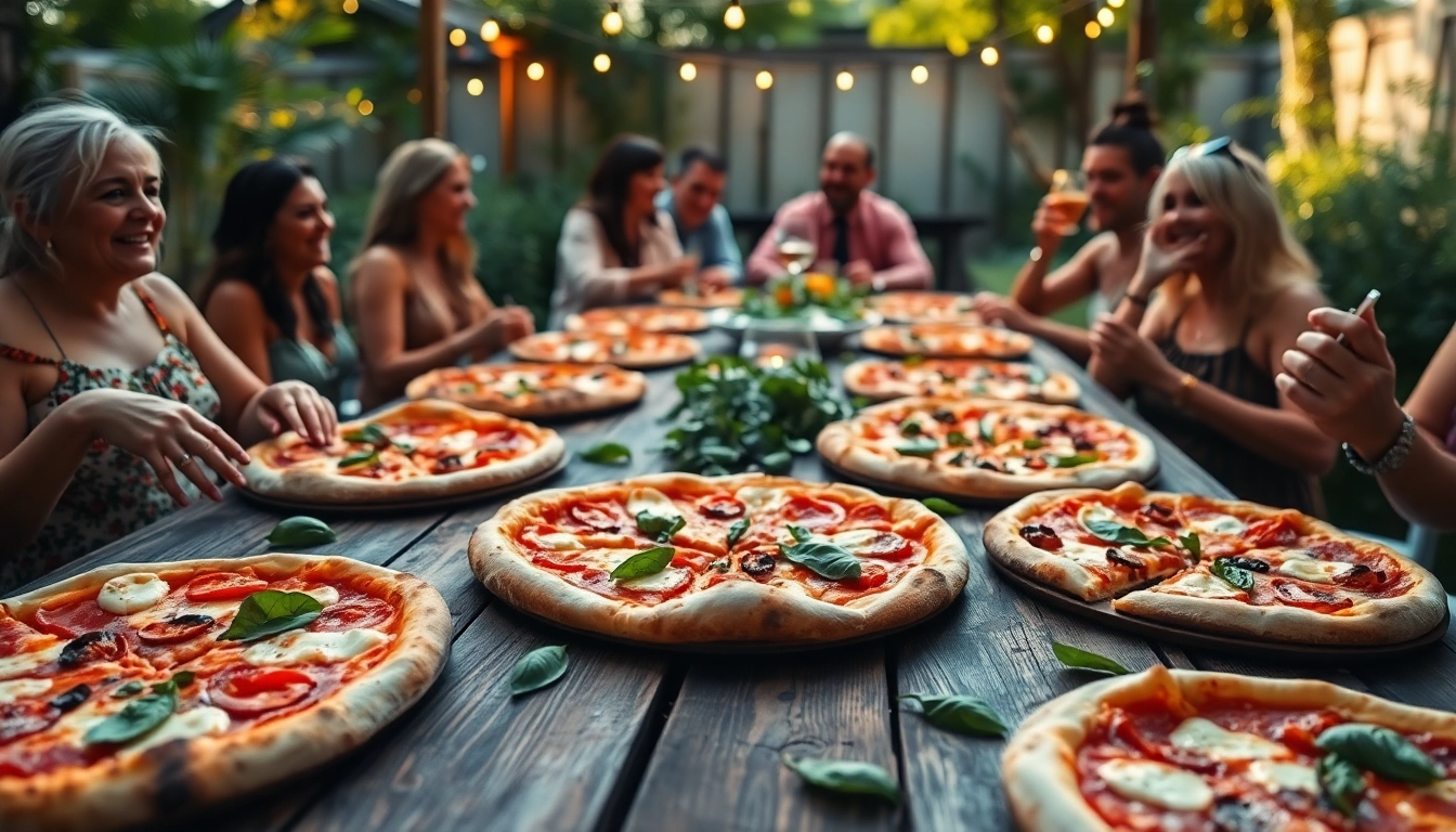 Pizzanap outdoor pizza party scene with vibrant pizzas on a rustic table.