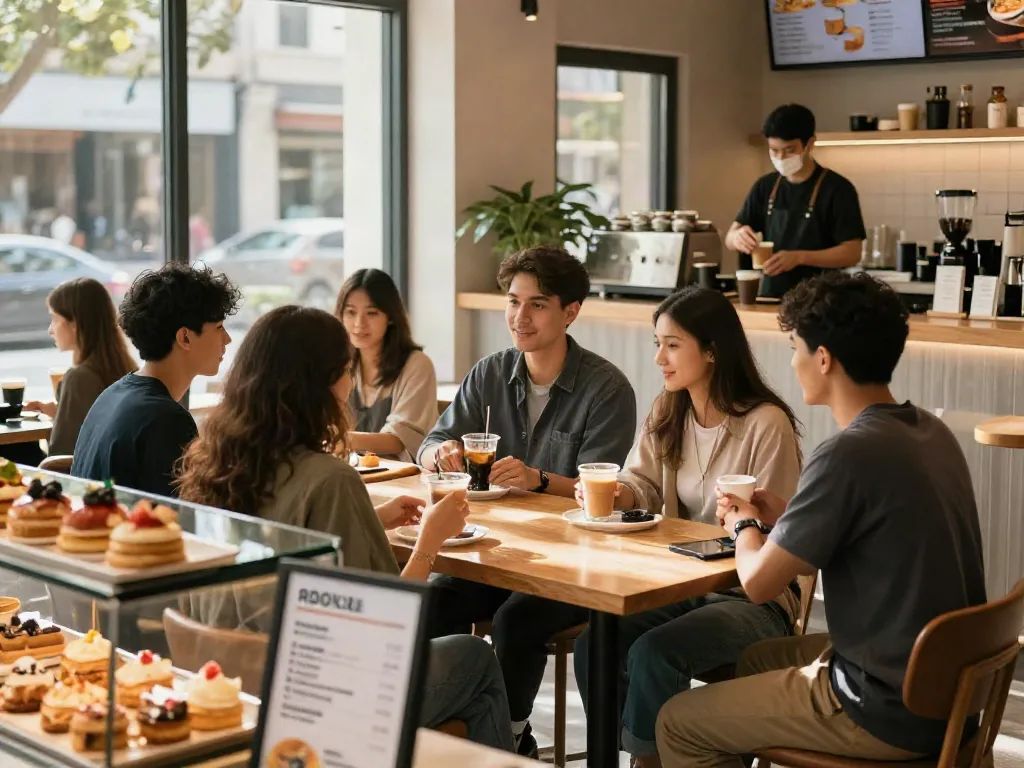 Engaging atmosphere at rokok88 café with friends enjoying drinks and conversation.