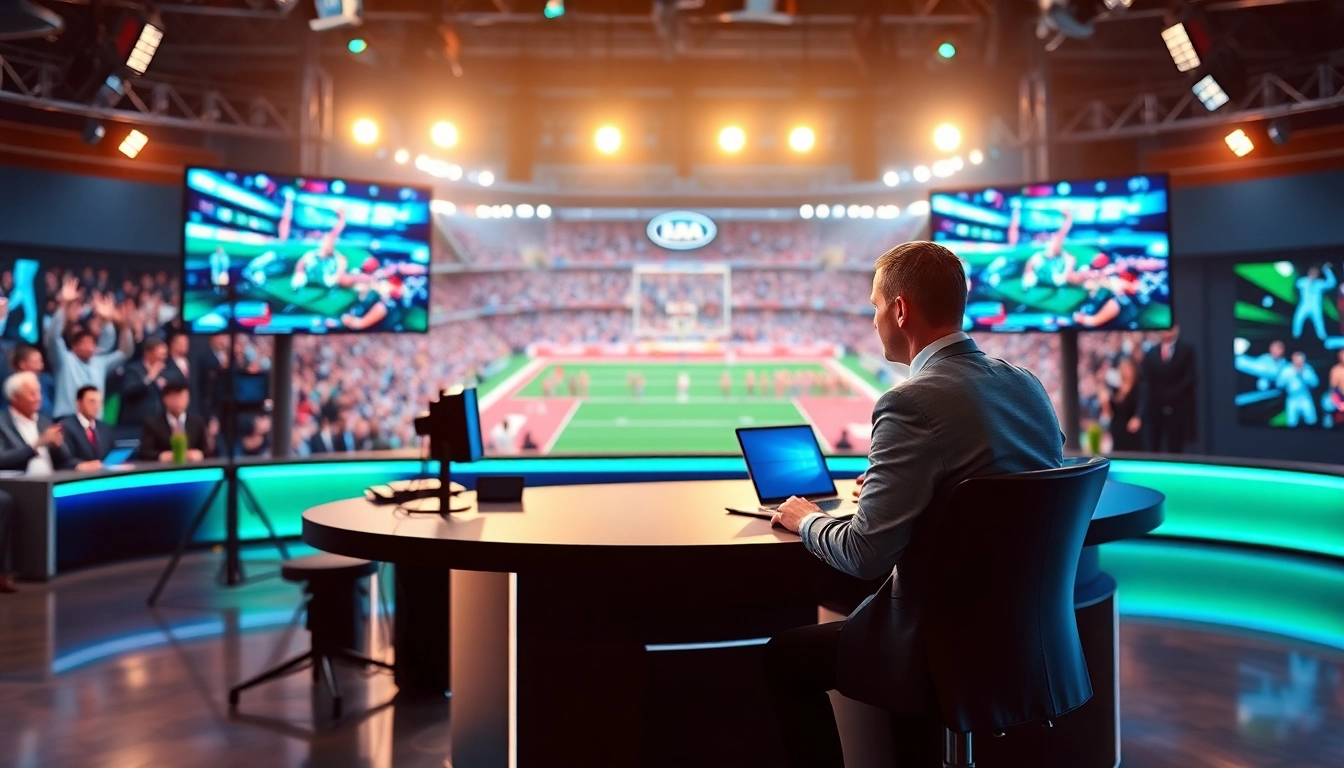 Sports Broadcasting setup featuring an anchor and live game footage in a vibrant studio.