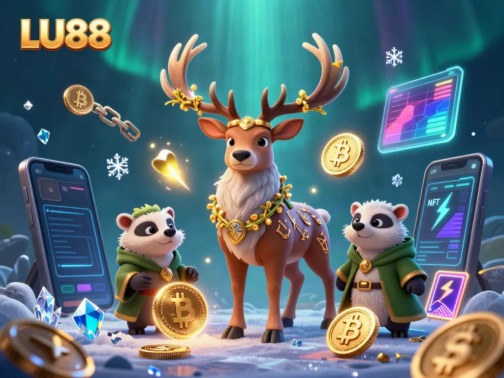 Engage with LU88's thrilling 3D illustration showing a Celtic druid stag and wise badger amid crypto elements.