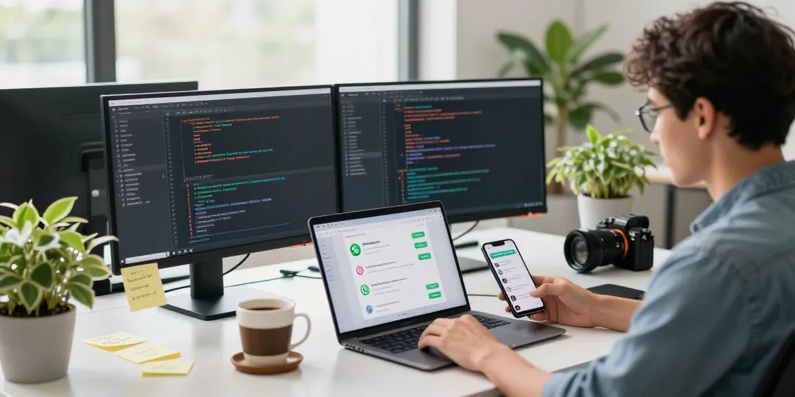 Dynamic workspace showcasing FM WhatsApp development with coding screens and modern office elements.