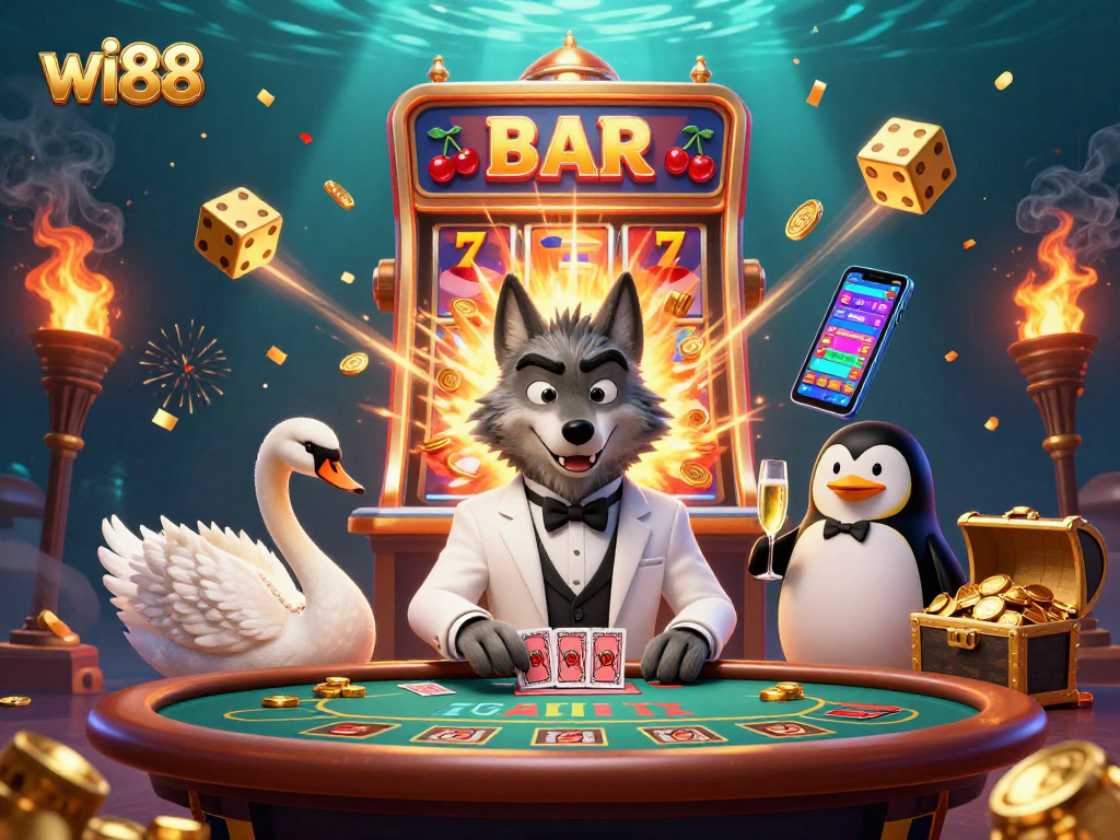 Experience the thrilling world of wi88 with a debonair wolf at the baccarat table amidst dazzling casino elements.