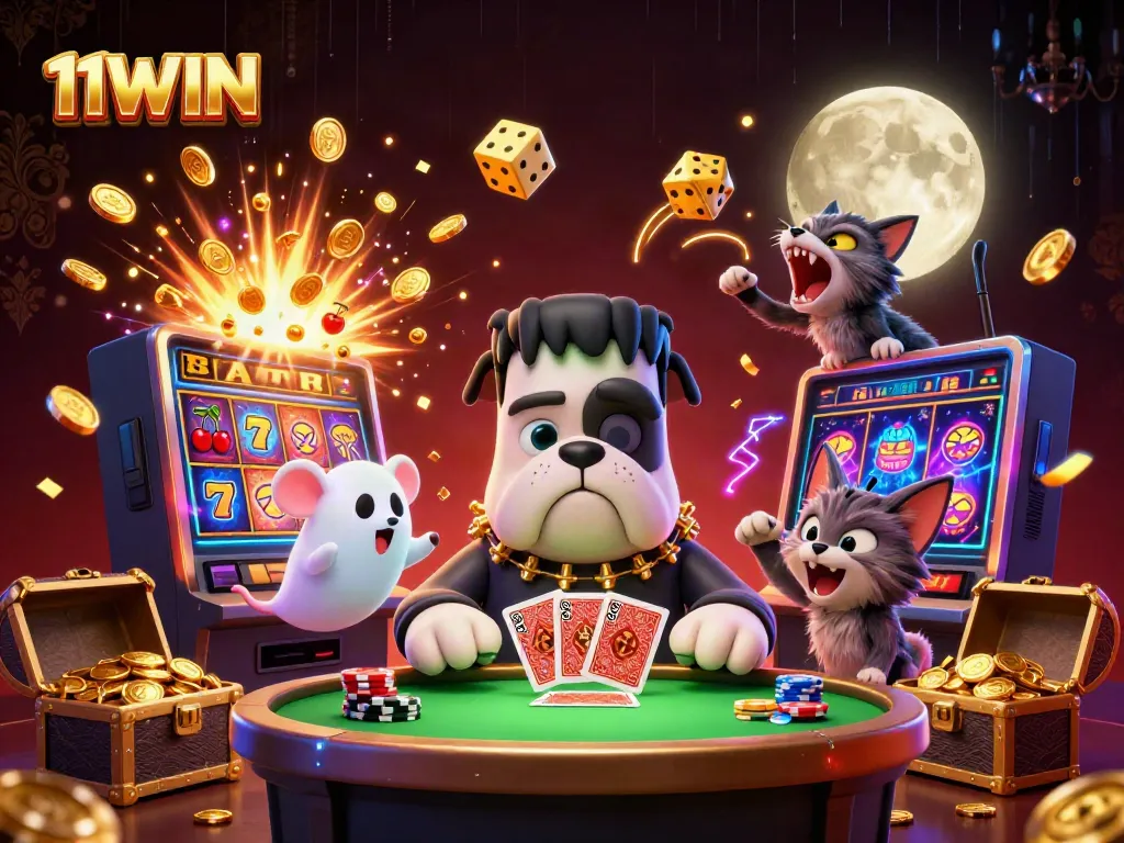 Engage and win with 11WIN in a lively casino scene featuring a Frankenstein bulldog, ghost mouse, and werewolf kitten.
