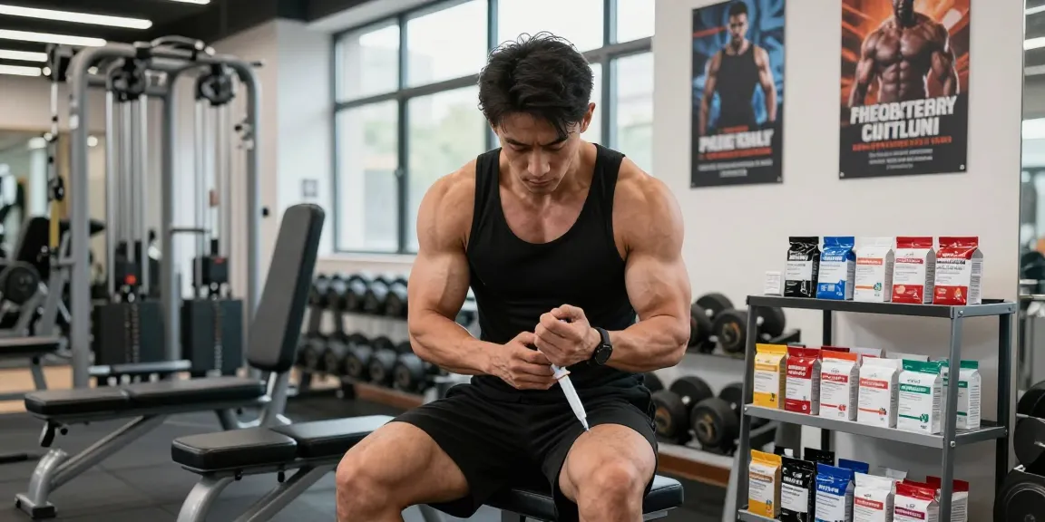 Anabolika Shop: Bodybuilder bereitet sich auf Injektion von Anabolika vor.