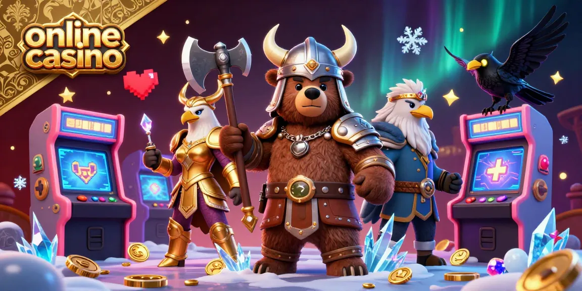 Engage in thrilling games at an online casino featuring a Viking bear, Valkyrie eagle, and Neon arcade elements.
