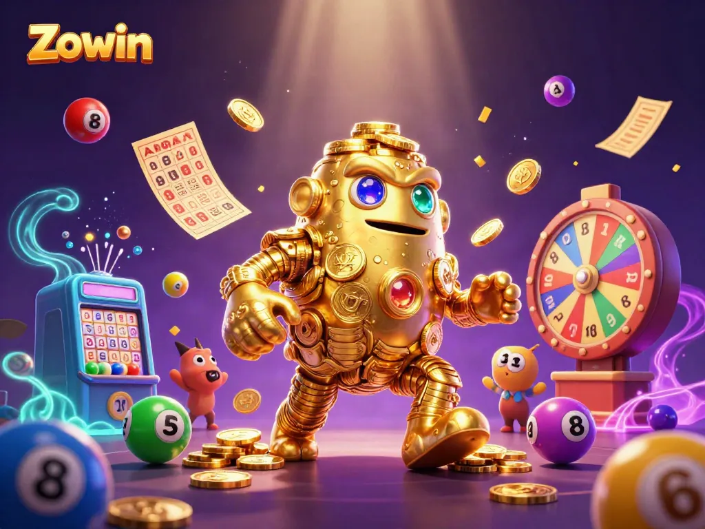 Experience the vibrant world of Zowin with a dynamic golden golem surrounded by casino and lottery elements.