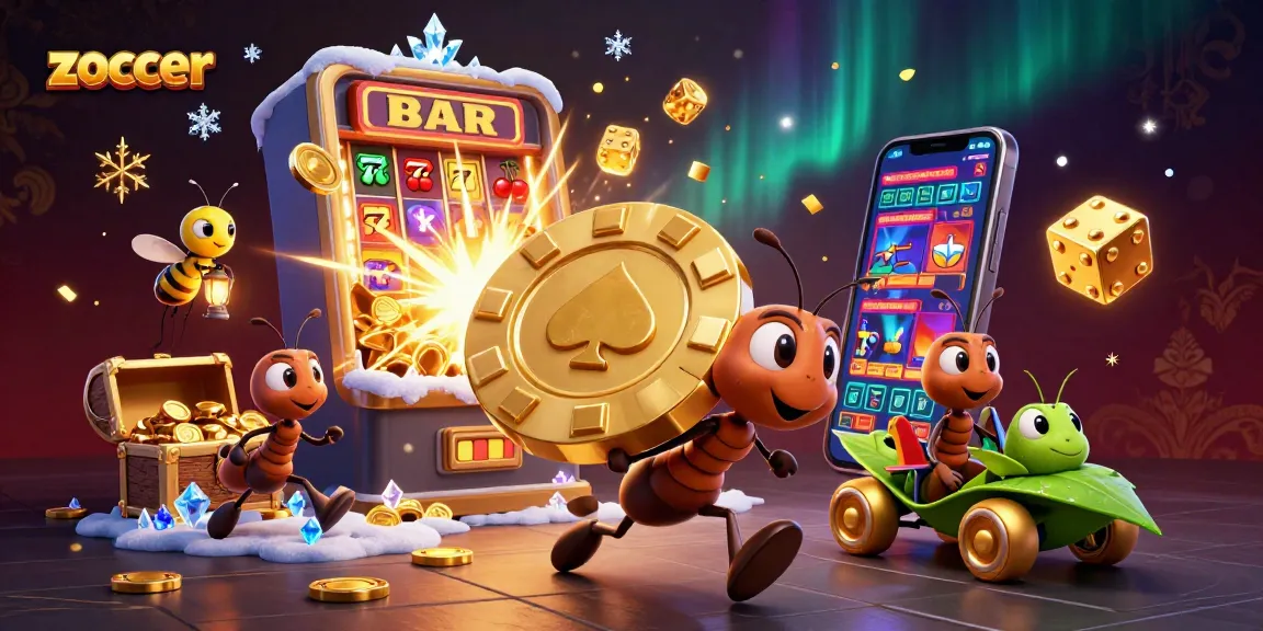 Experience thrilling action in Zoccer with cartoon ants on a golden poker chip heist as slots burst with coins.