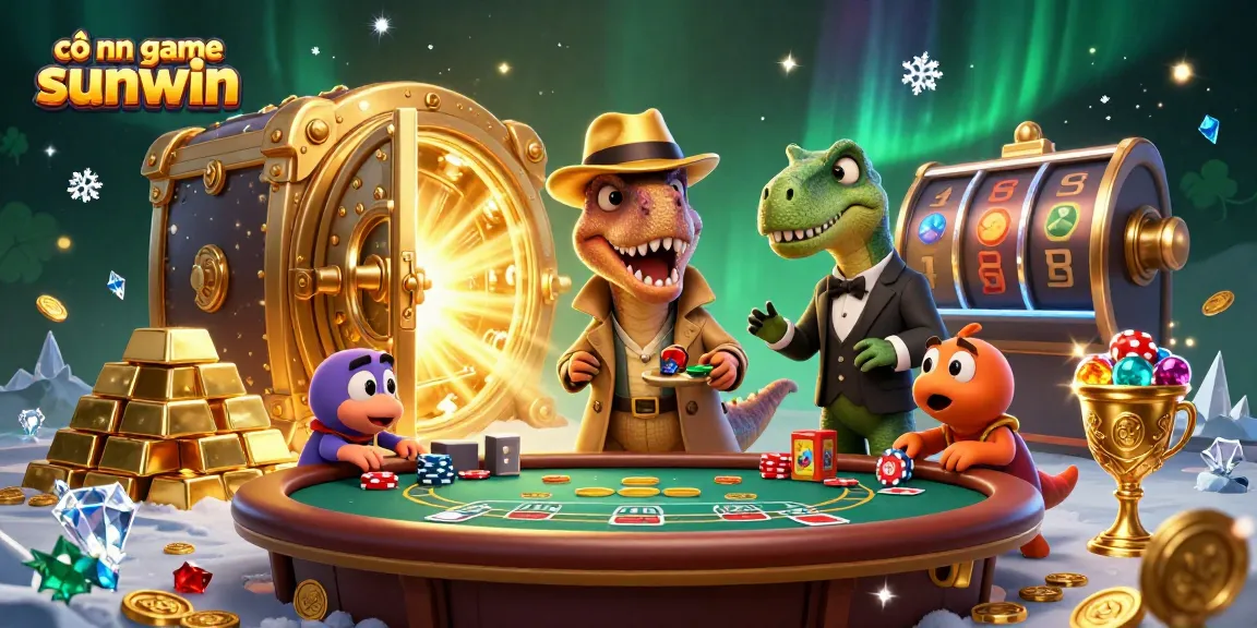 Experience cổng game sunwin with a velociraptor at a blackjack table, amidst treasures and excitement.
